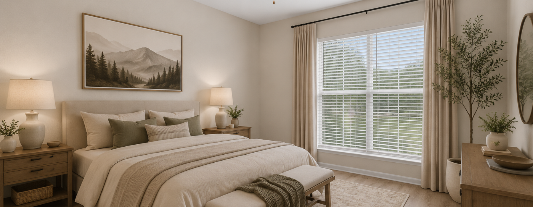 Spacious bedroom with large window and plant
