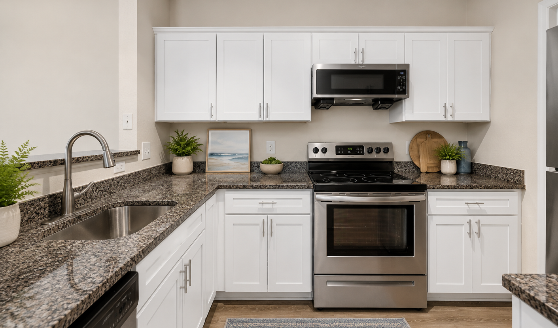 L Shaped Kitchen with Granite Countertops